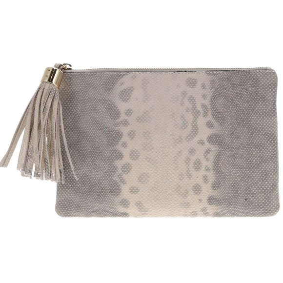 G.I.L.I Women's Gray Ivory Python Snakeskin Leather Tassel Clutch Bag - Picture 1 of 7